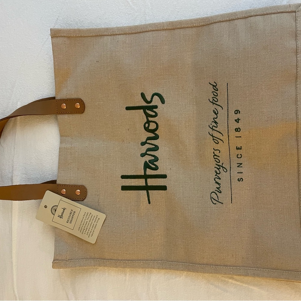 Harrods Beige Tote Bag with Green Logo